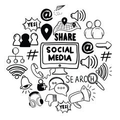Social media doodle set. Social media hand drawn vector doodles. Hand drawn set of social media sign and symbol doodles elements. Isolated on white background