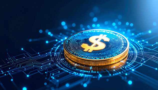A digital coin with a dollar symbol is illuminated against a blue background, featuring intricate circuit patterns that suggest technology and finance