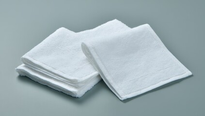 Two white, folded hand towels on a neutral background