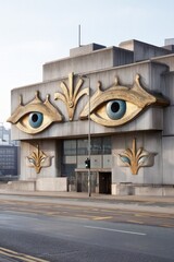 Futuristic Building Facade with Symbolic Eye Art