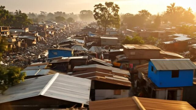 Aerial View Of A Slum City At Sunrise