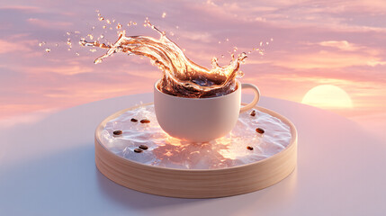 Dynamic Coffee Splash in White Cup at Sunset