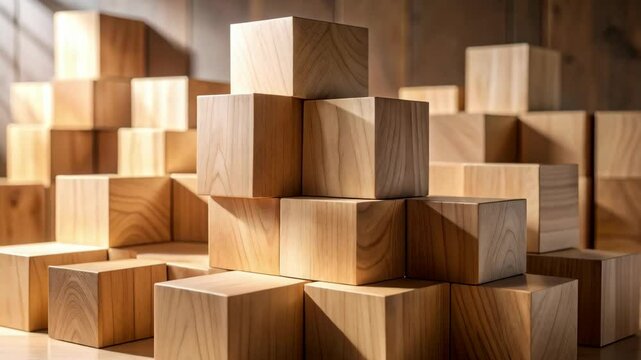 Stacked wooden blocks pyramid on wood floor with wood paneled wall background creating an abstract architectural construction
