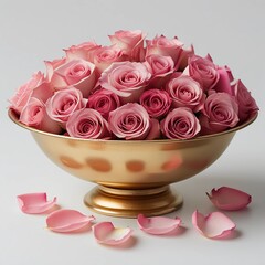 The pink rose petals filled in golden bowl. pink roses in a golden bowl.