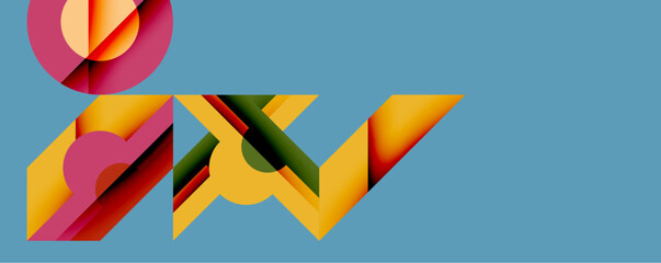 Abstract geometric shapes dominate composition. Pink, yellow, red hues contrast against blue backdrop. Layered forms create dynamic visual interest. Modern design elements present.