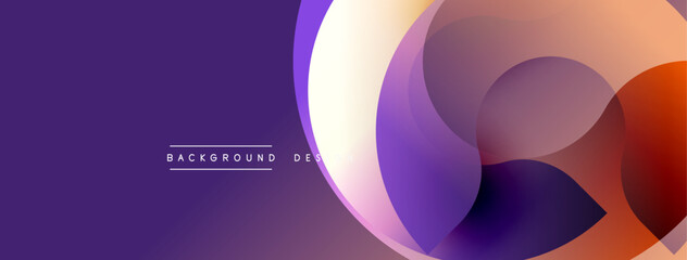 Abstract purple background features overlapping circular shapes. Gradient colors blend from orange to violet. Modern design element.