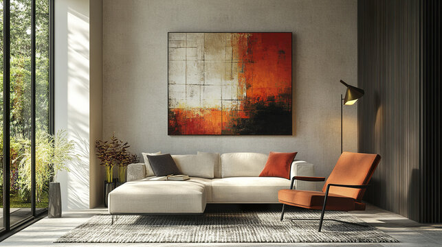 Stylish modern cozy living room with warm colors and artistic decor