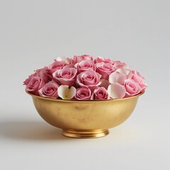 Golden Bowl Filled with Soft Pink Rose Petals.

