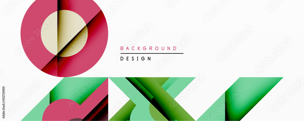 Poster Abstract geometric composition. Red circle overlaps green layers. Minimalist design with gradient colors, clean lines, modern aesthetic. Background elements suggest dynamic visual experience.