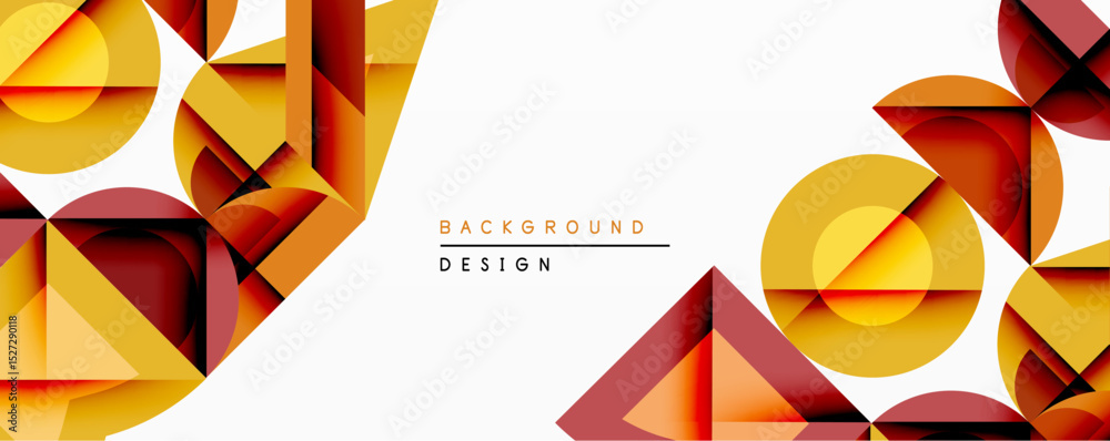 Poster abstract geometric shapes overlap, creating dynamic composition. warm colors dominategold, brown, bu