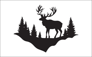 Deer Silhouette with Mountain and Forest Vector Wildlife Scene