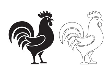chicken icon silhouette vector line art illustration, rooster hen vector icon outline on white background 