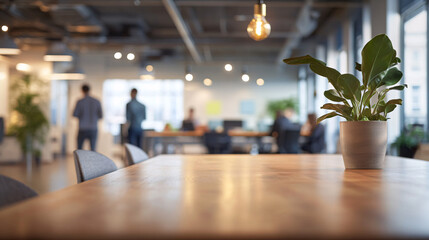 Modern Office Workspace Plant on Wooden Table Blurred Background