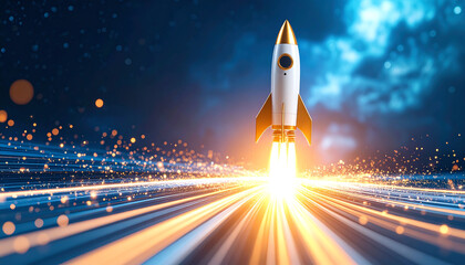Fototapeta premium A sleek rocket launches into a starry night, leaving behind a trail of light and energy, symbolizing exploration and innovation