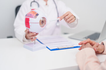 Elderly Patient consulting Doctor to Eye disease, Senior Medical Diagnosis. Anatomy Eye model for...