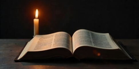 A single, flickering candle illuminates a worn, open bible; signifying hope and spiritual solace in a darkened room , prayer, meditation