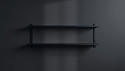 Obraz premium Elegant dark gray wall features a minimalist floating shelf for modern room decor needs.