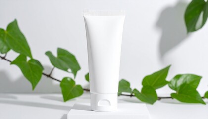 White Cosmetic Tube Mockup with Greenery Natural Skincare Product Packaging Design