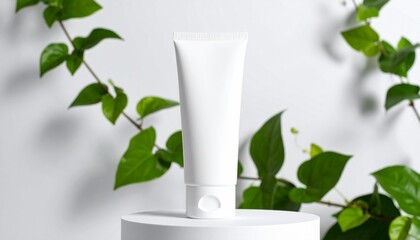 White Cosmetic Tube Mockup with Greenery Natural Product Packaging Design