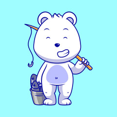 A cute polar bear cartoon character holding a fishing rod and bucket of fish, designed in vector style for kids and nature-themed content.
