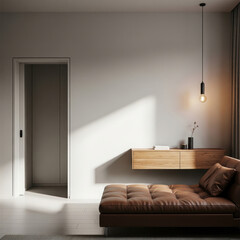 Modern minimalist living room with leather lounge chair, wooden wall shelf, and ambient lighting