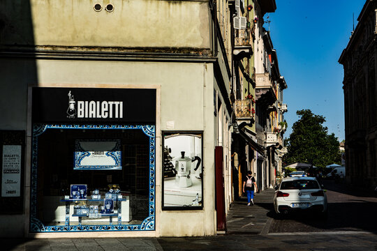 Bialetti store in Parma Italy showcases iconic Moka pots and Italian coffee tradition.