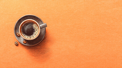 Overhead View of Black Coffee Cup with Coffee Beans