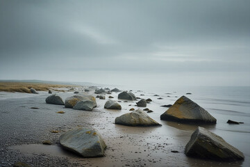 A deserted beach with large weathered rocks scattered along the shoreline, under a grey overcast sky. The atmosphere is moody and contemplative, with soft diffused lighting and muted colors 