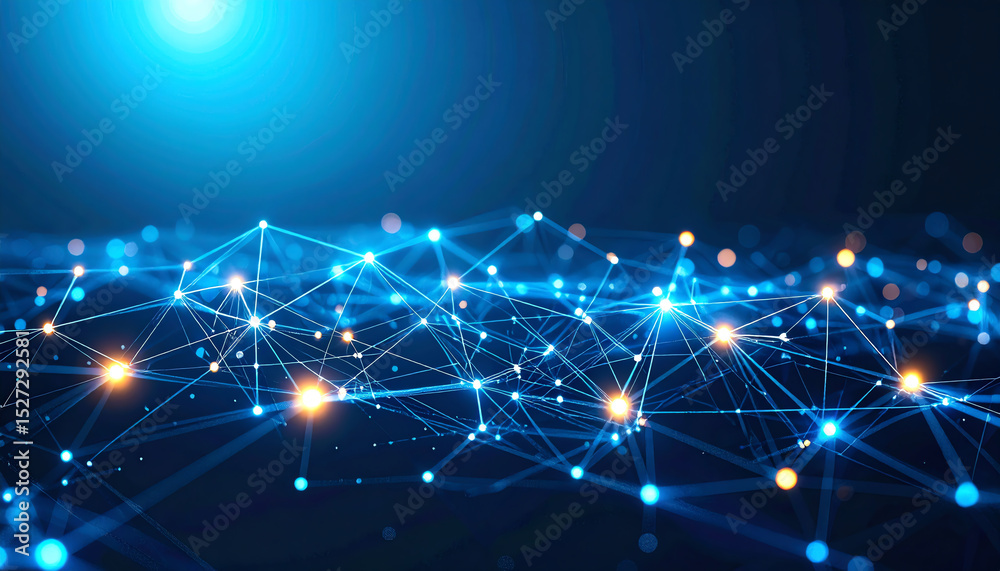 Poster a vibrant abstract representation of interconnected nodes and lines, illustrating a digital network 