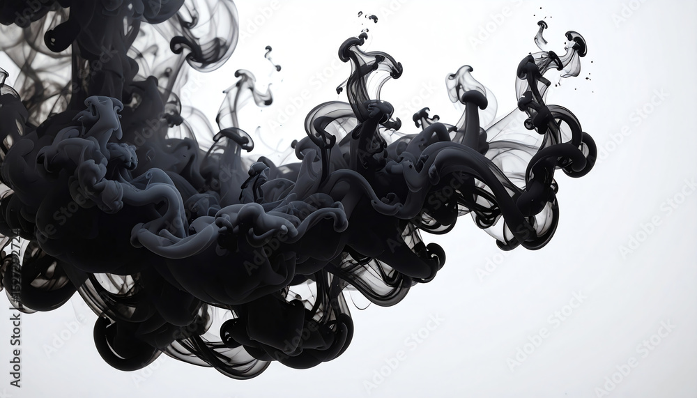 Poster swirling black ink forms intricate patterns against a stark white background, creating an abstract a