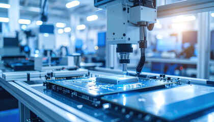 A robotic arm works on a circuit board in a modern manufacturing facility, showcasing advanced technology and automation in electronics production
