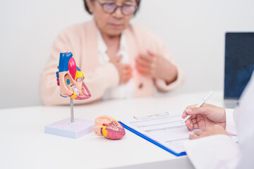 Doctor with Heart anatomy model. Elderly Patient consultation medical health for Cardiovascular Diseases, Atherosclerosis, Hypertensive, Heart attack, heart failure and world Heart day concept