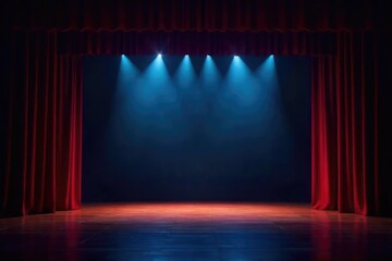 A dramatic stage lighting illuminates an empty theater, ready for a performance Velvet curtains are drawn, spotlights are focused, and the atmosphere is electric with anticipation , spectacle, indoor