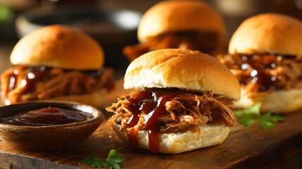 Close Up Of Pulled Pork Sliders With Barbecue Sauce on Wooden Board and Dark Background