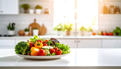 A vibrant plate of fresh vegetables sits on a kitchen counter, showcasing broccoli, tomatoes, peppers, and greens, illuminated by natural light from a nearby window