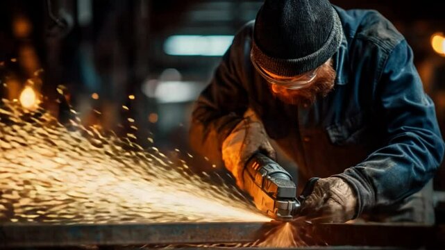 Industrial Artisan at Work: A focused craftsman meticulously employs a power tool, creating brilliant sparks in an industrial setting. A striking capture of skill and precision.