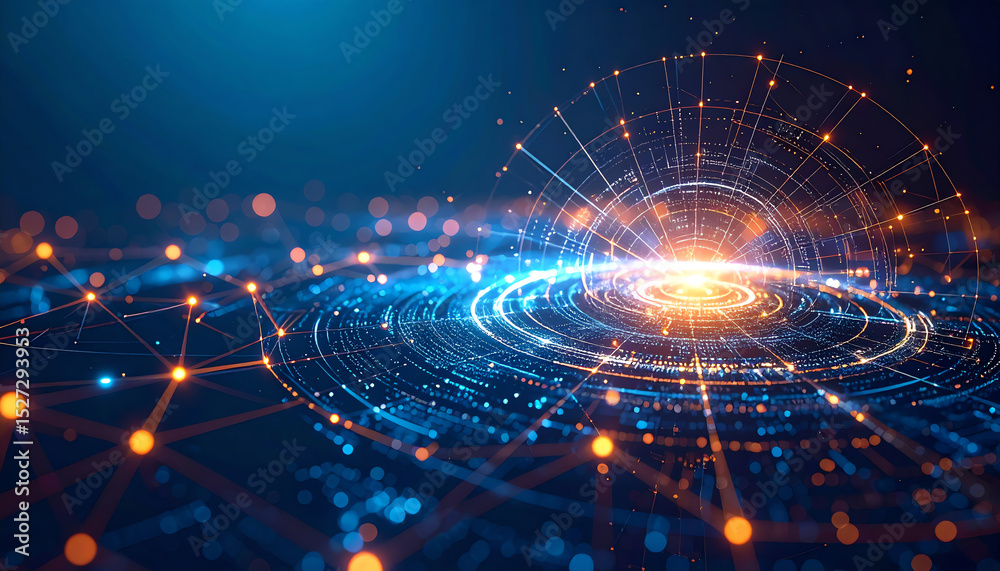 Poster a vibrant digital representation of interconnected nodes and light, symbolizing technology and data 