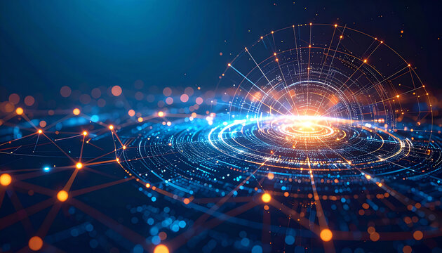A vibrant digital representation of interconnected nodes and light, symbolizing technology and data flow in a cosmic environment