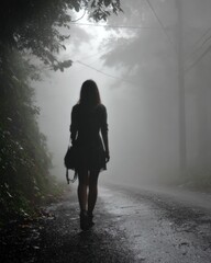 Mysterious woman walking through foggy road enchanted forest photography nature silhouette view mood