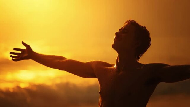 Embracing Golden Hour: A silhouette of a person, bathed in the warm embrace of the setting sun, outstretched arms expressing pure freedom.