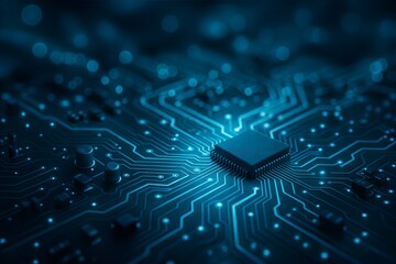 Close-up view of a circuit board with a central processor, showcasing intricate details and glowing blue lines.