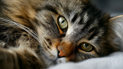 Beautiful Maine Coon Cat with Green Eyes Lying Down in Soft Natural Light