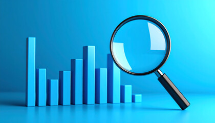 A magnifying glass focuses on blue bar charts, symbolizing data analysis and insights in a modern, digital context