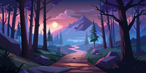twilight forest trail leading into misty peaks vector illustration © Chamok Chandra