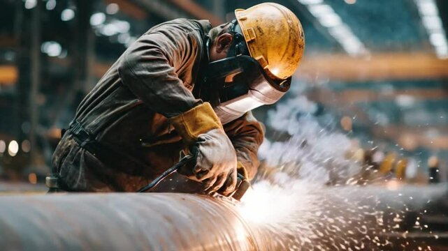 Welder at Work: A skilled welder is engrossed in the critical process of joining two metal parts, focusing on the intense heat and bright sparks generated during the industrial process.