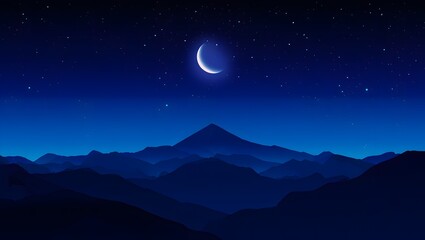 Fototapeta premium Mountain Scenery at Night Under a Crescent Moon