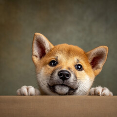 Adorable Shiba Inu Puppy with Big Eyes Peeking Over Wooden Edge