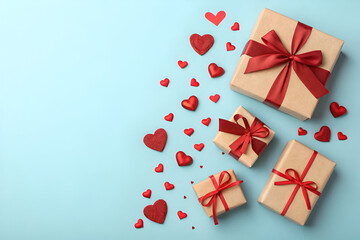 Father's Day spirit with this top view display of hearts and gift boxes with ribbon bows on pastel blue background with an empty space for text stock photo