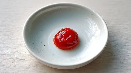 A dollop of red sauce in a white ceramic bowl on a light wooden surface