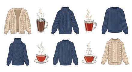 Illustration of cozy sweaters and warm drinks including cocoa and tea on a white background pattern